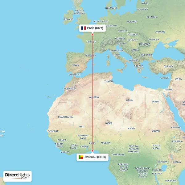 Cotonou - Paris direct flight map