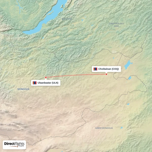 Choibalsan - Ulaanbaatar direct flight map