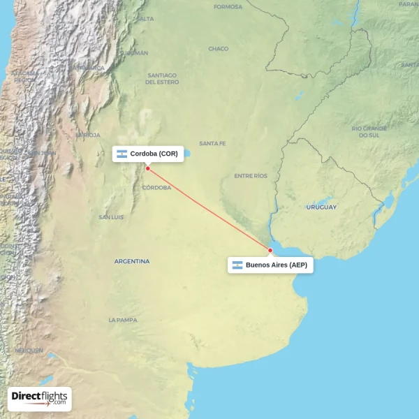Cordoba - Buenos Aires direct flight map