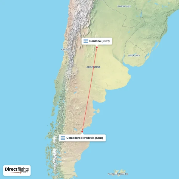 Cordoba - Comodoro Rivadavia direct flight map