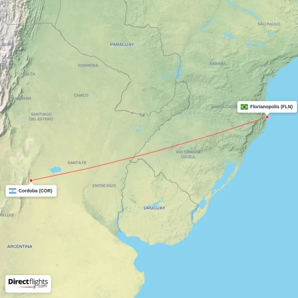 Cordoba - Florianopolis direct flight map