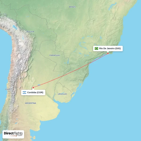 Cordoba - Rio De Janeiro direct flight map