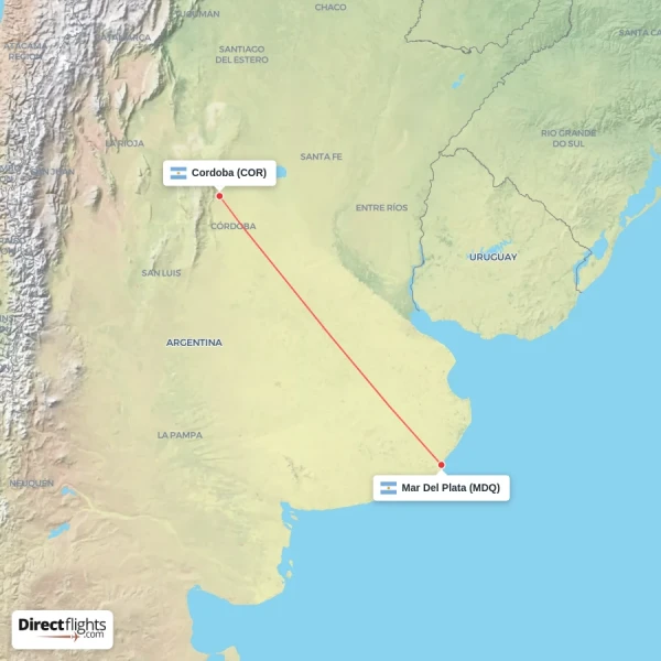 Cordoba - Mar Del Plata direct flight map