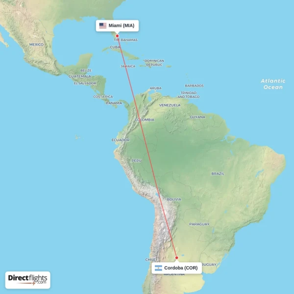 Cordoba - Miami direct flight map
