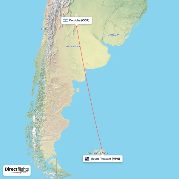 Cordoba - Mount Pleasant direct flight map