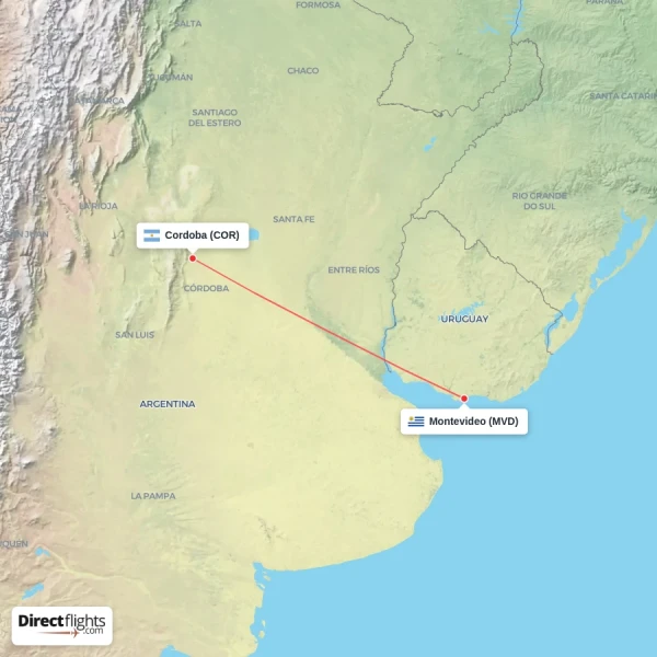 Cordoba - Montevideo direct flight map