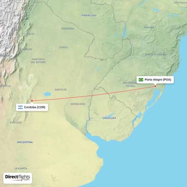 Cordoba - Porto Alegre direct flight map