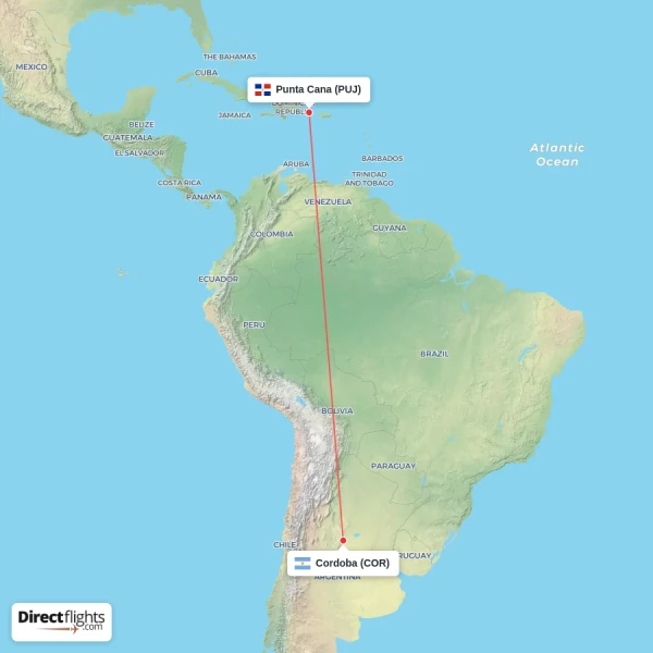 Cordoba - Punta Cana direct flight map