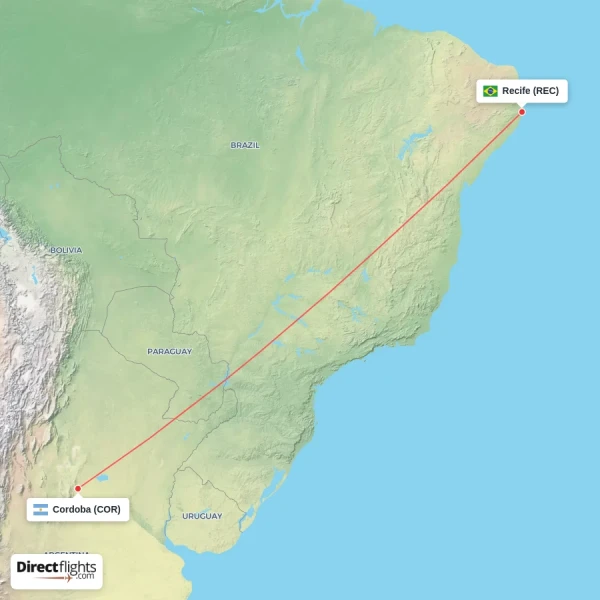 Cordoba - Recife direct flight map