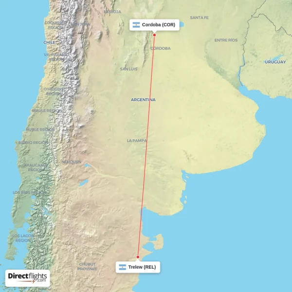 Cordoba - Trelew direct flight map