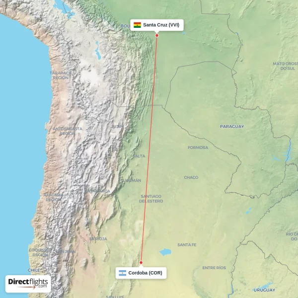 Cordoba - Santa Cruz direct flight map