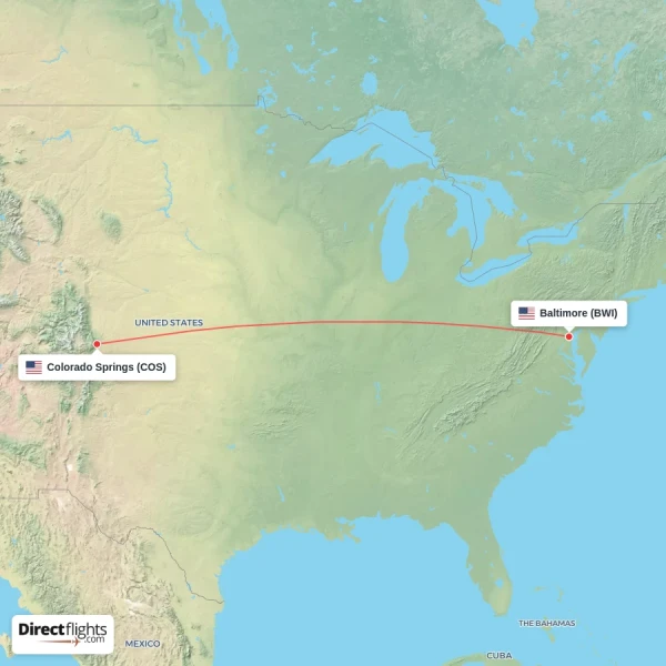 Colorado Springs - Baltimore direct flight map