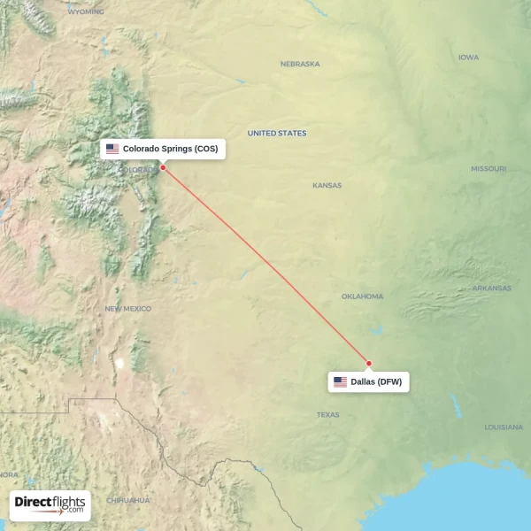Colorado Springs - Dallas direct flight map