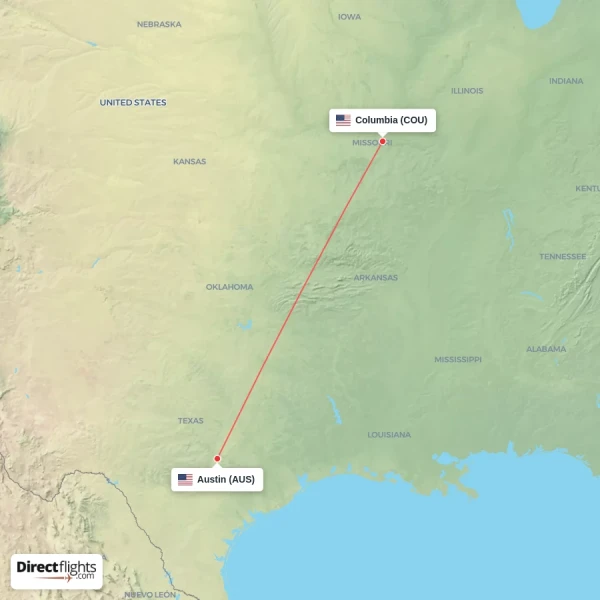 Columbia - Austin direct flight map
