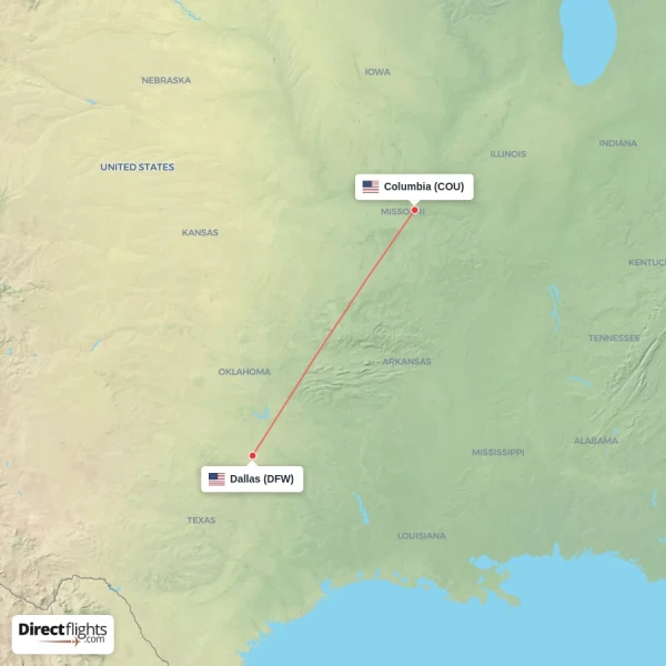 Columbia - Dallas direct flight map