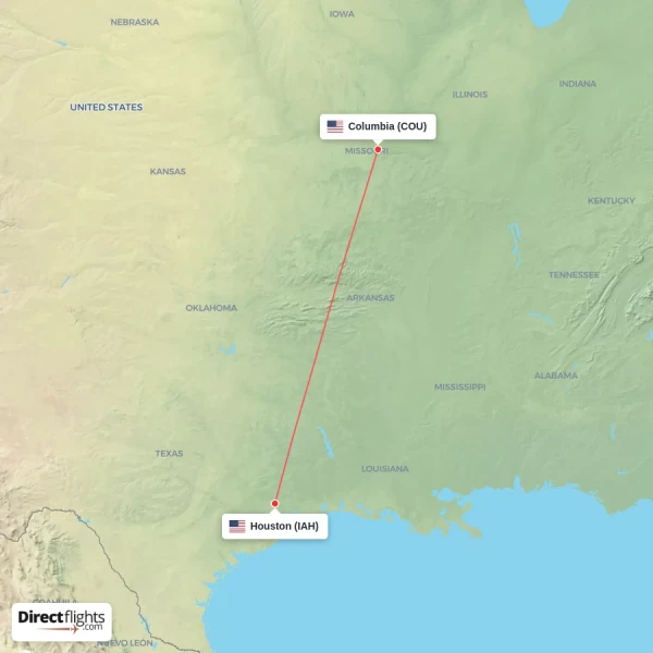 Columbia - Houston direct flight map