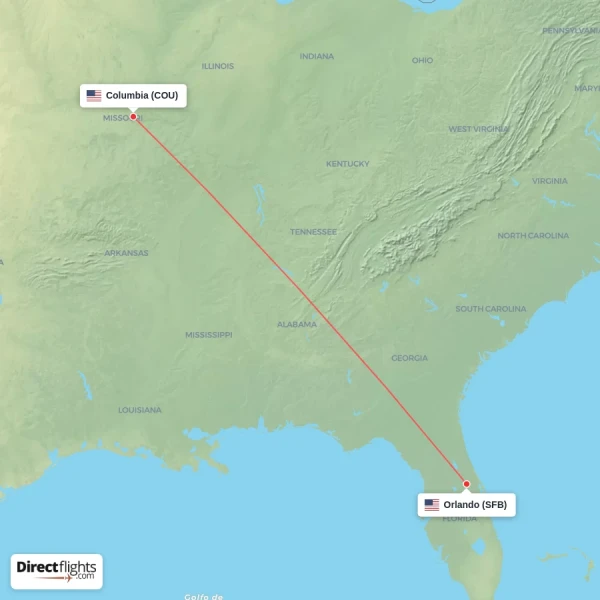 Columbia - Orlando direct flight map