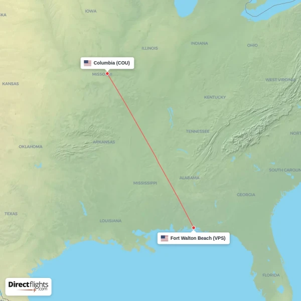 Columbia - Fort Walton Beach direct flight map