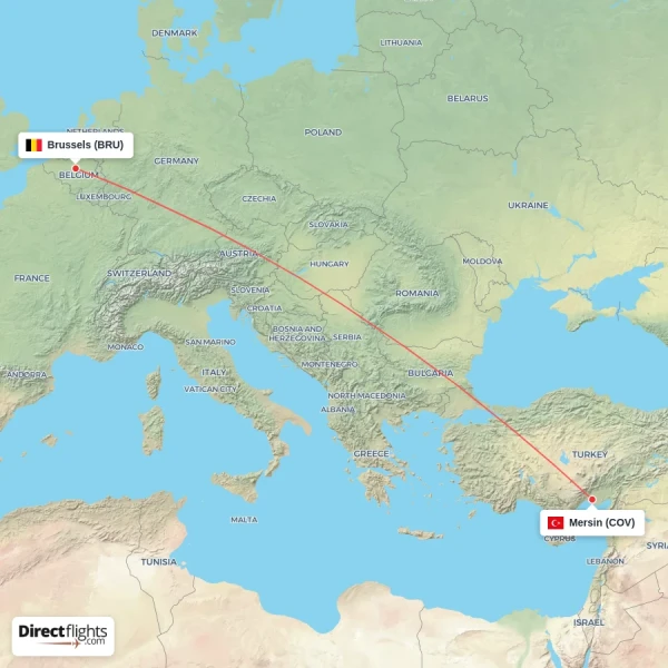 Mersin - Brussels direct flight map