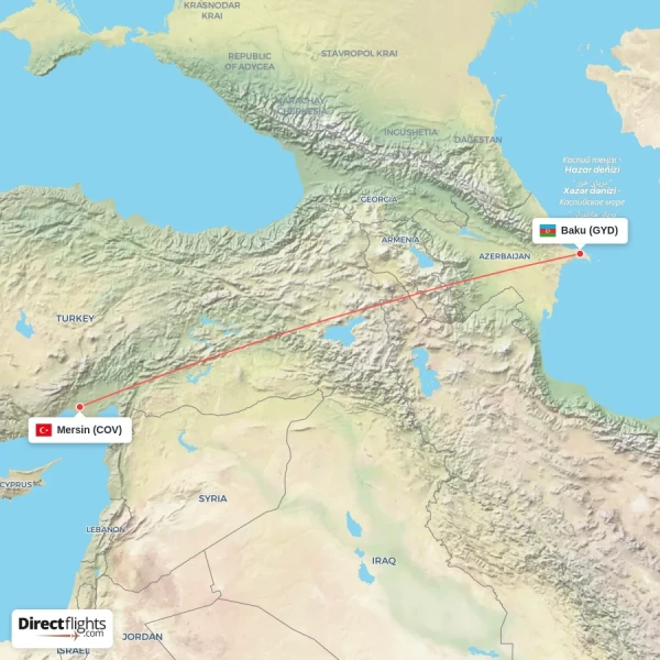Mersin - Baku direct flight map