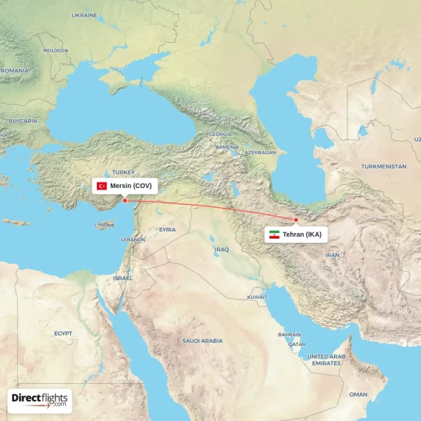 Mersin - Tehran direct flight map