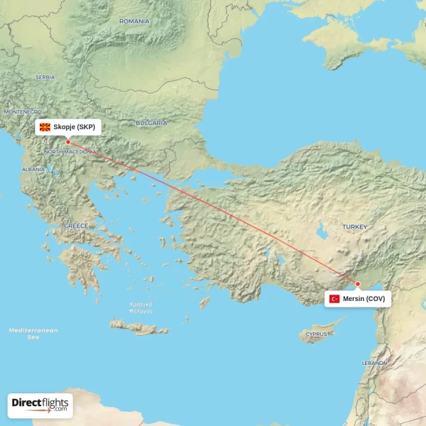 Mersin - Skopje direct flight map