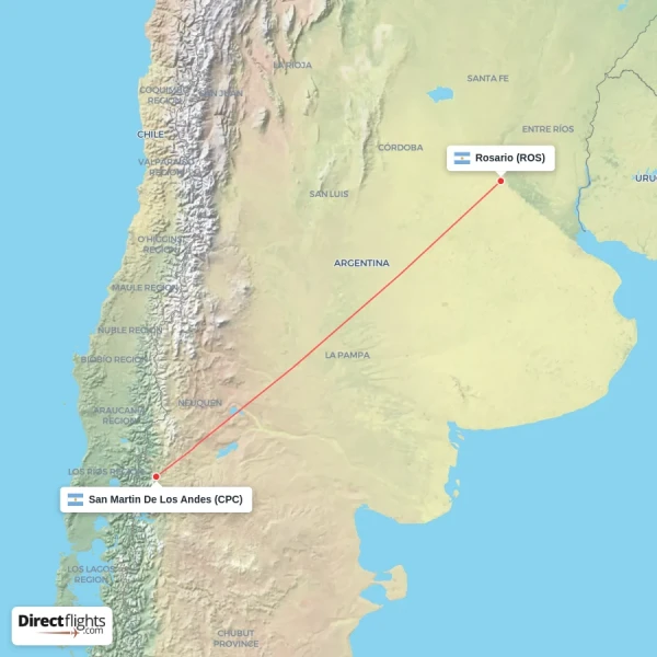 San Martin De Los Andes - Rosario direct flight map