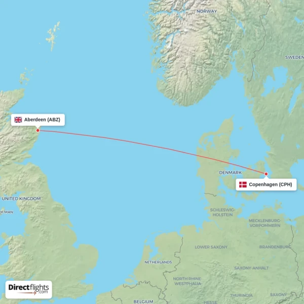 Copenhagen - Aberdeen direct flight map