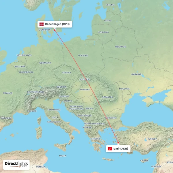 Copenhagen - Izmir direct flight map