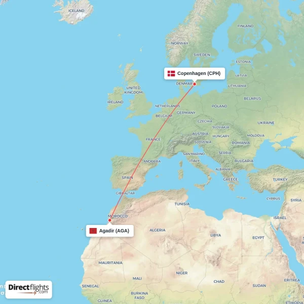 Copenhagen - Agadir direct flight map