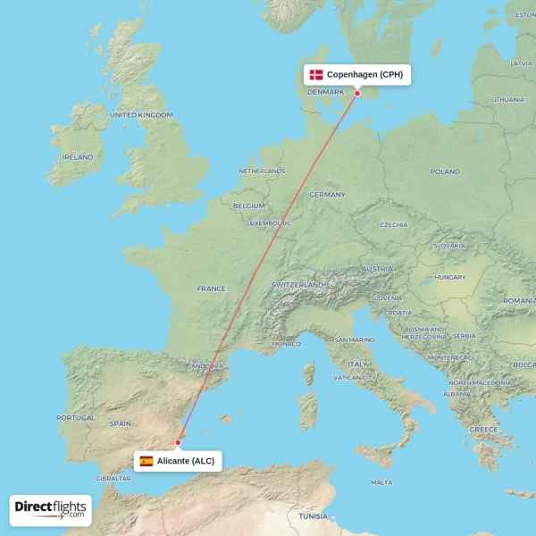 Copenhagen - Alicante direct flight map