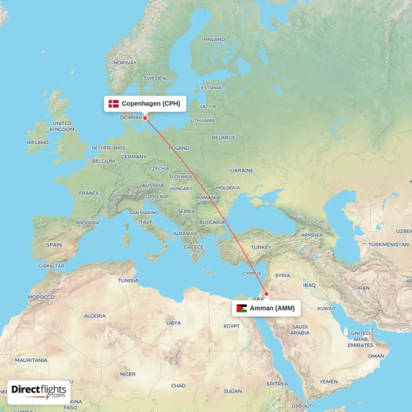 Copenhagen - Amman direct flight map