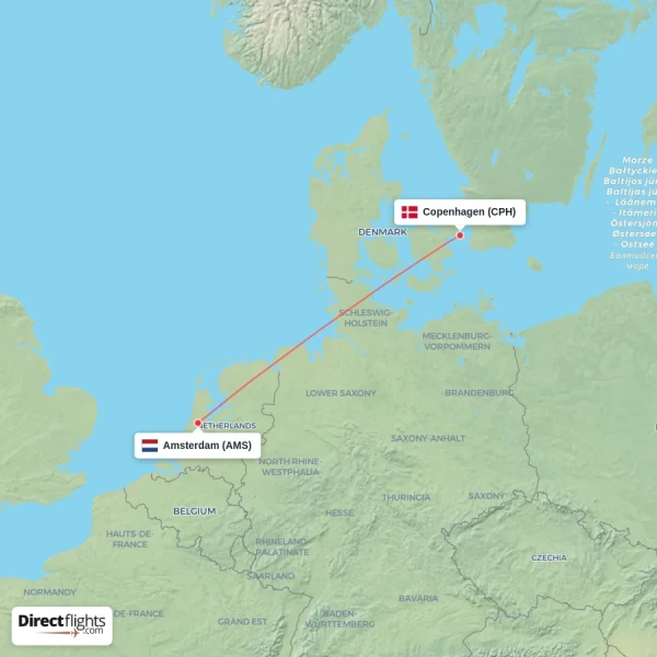 Copenhagen - Amsterdam direct flight map