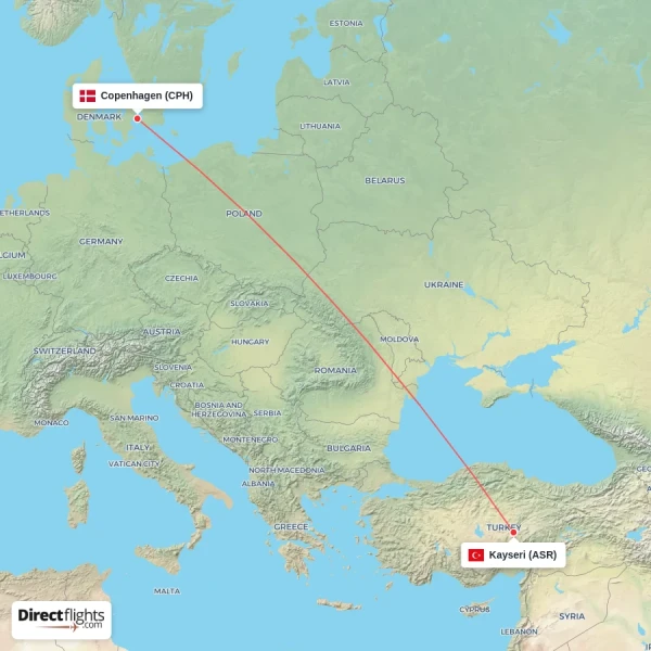 Copenhagen - Kayseri direct flight map