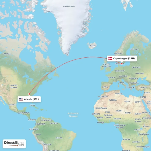 Copenhagen - Atlanta direct flight map