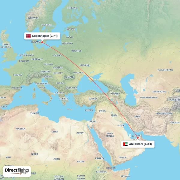 Copenhagen - Abu Dhabi direct flight map