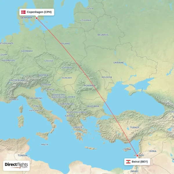 Copenhagen - Beirut direct flight map