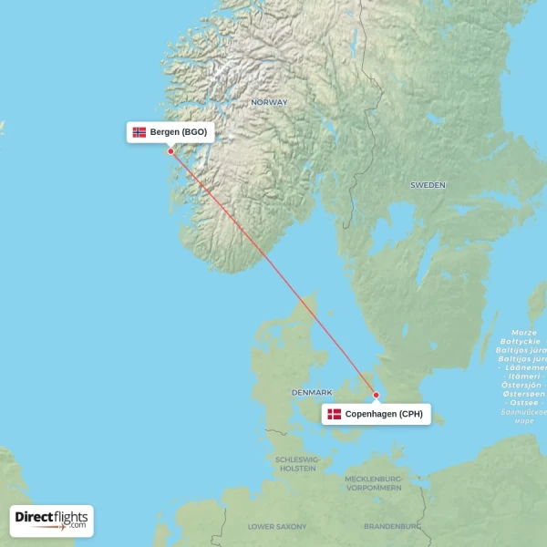 Copenhagen - Bergen direct flight map