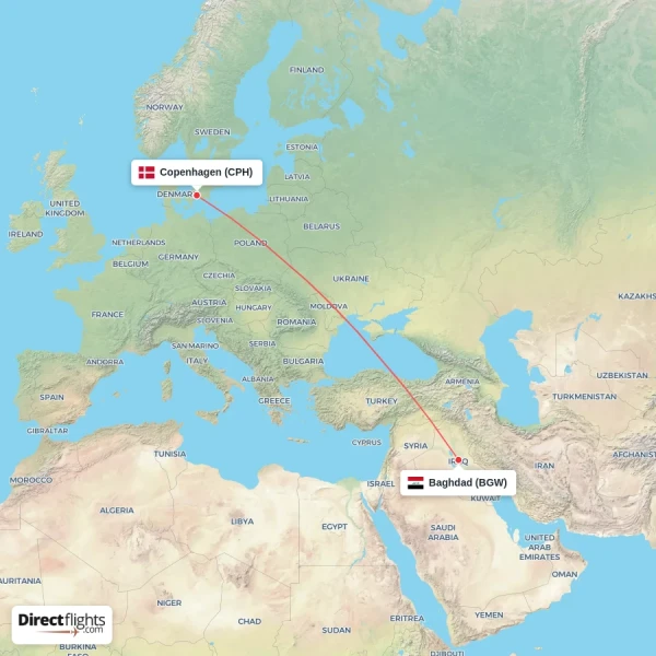 Copenhagen - Baghdad direct flight map