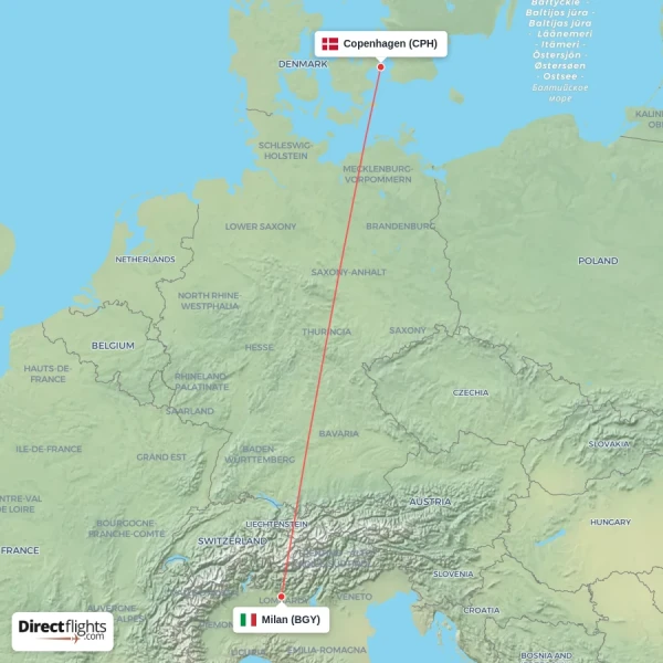 Copenhagen - Milan direct flight map