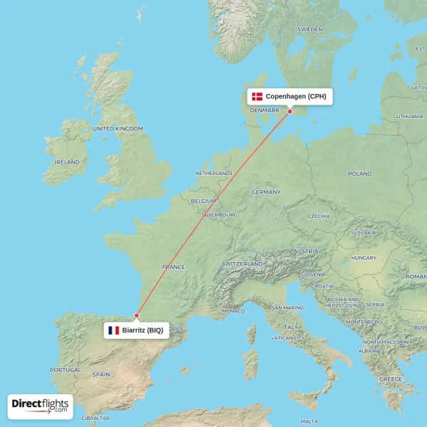 Copenhagen - Biarritz direct flight map