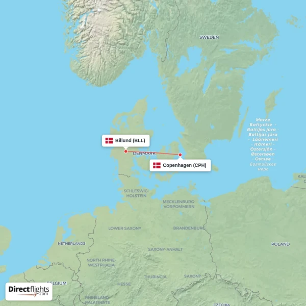 Copenhagen - Billund direct flight map