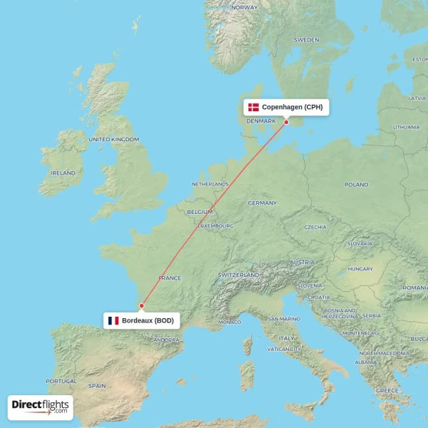 Copenhagen - Bordeaux direct flight map