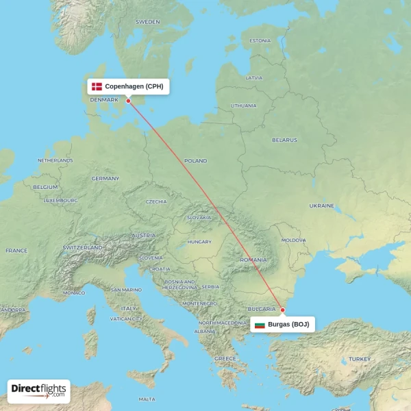Copenhagen - Burgas direct flight map