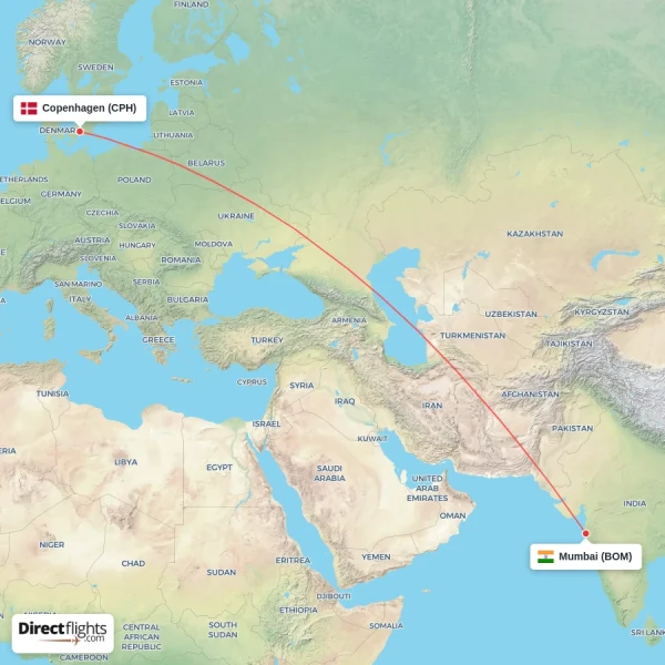 Copenhagen - Mumbai direct flight map