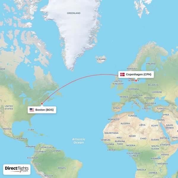 Copenhagen - Boston direct flight map