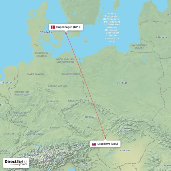 Copenhagen - Bratislava direct flight map