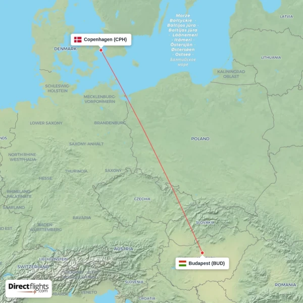 Copenhagen - Budapest direct flight map