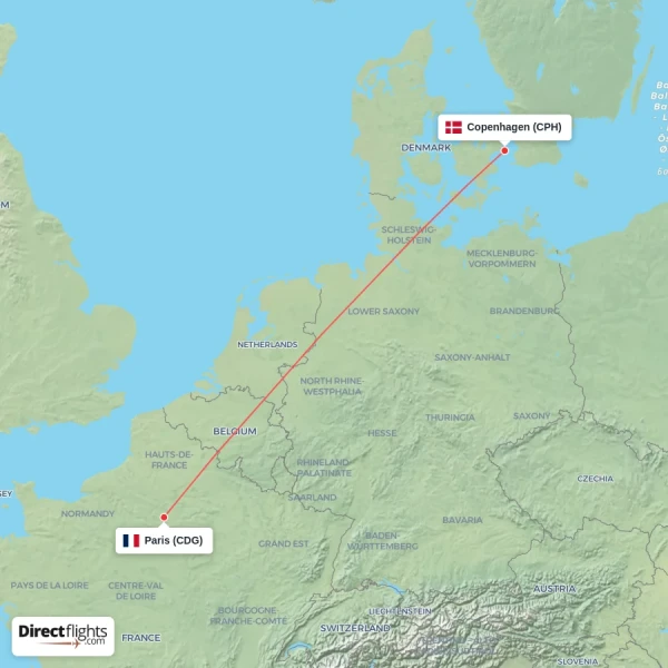 Copenhagen - Paris direct flight map