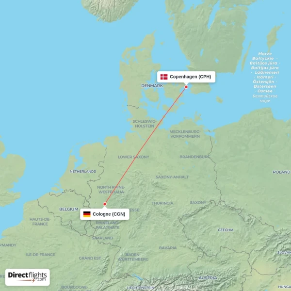 Copenhagen - Cologne direct flight map